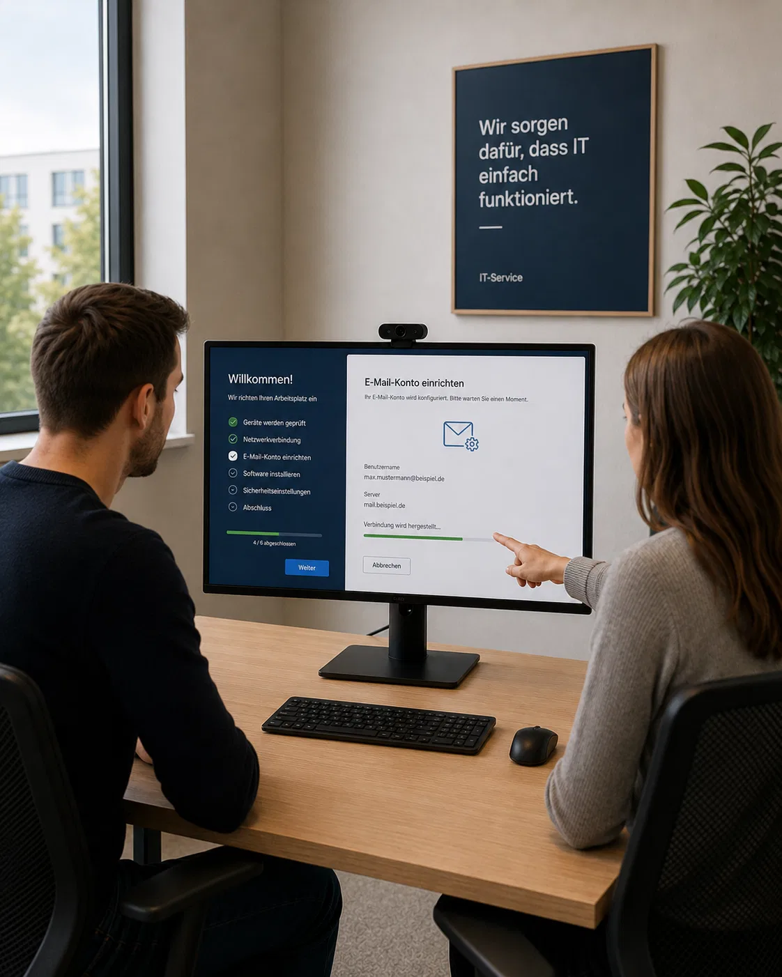 Heller Arbeitsplatz mit eingerichtetem Monitor, Laptop und Onboarding-Setup