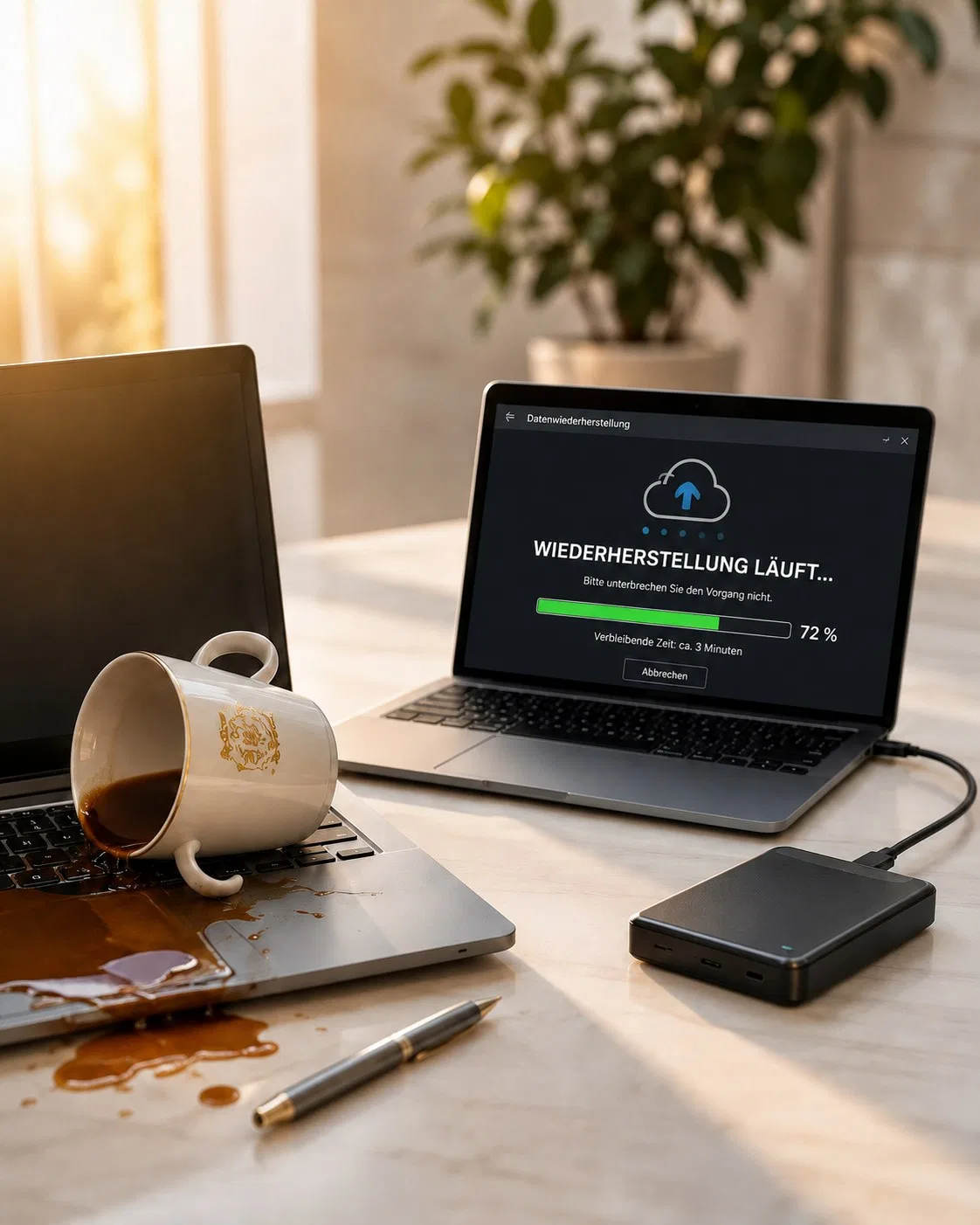 Datensicherung mit Backup-Status und externer Sicherung am Arbeitsplatz