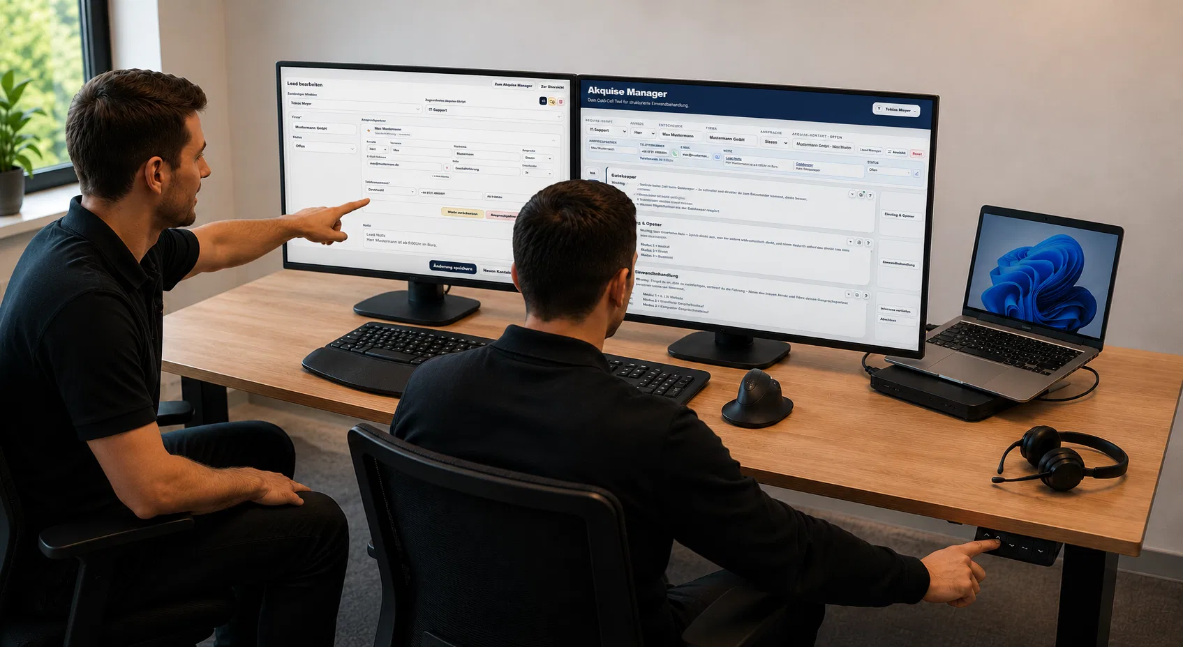 Eingerichteter IT-Arbeitsplatz mit zwei Monitoren, Notebook und persönlicher Einweisung.