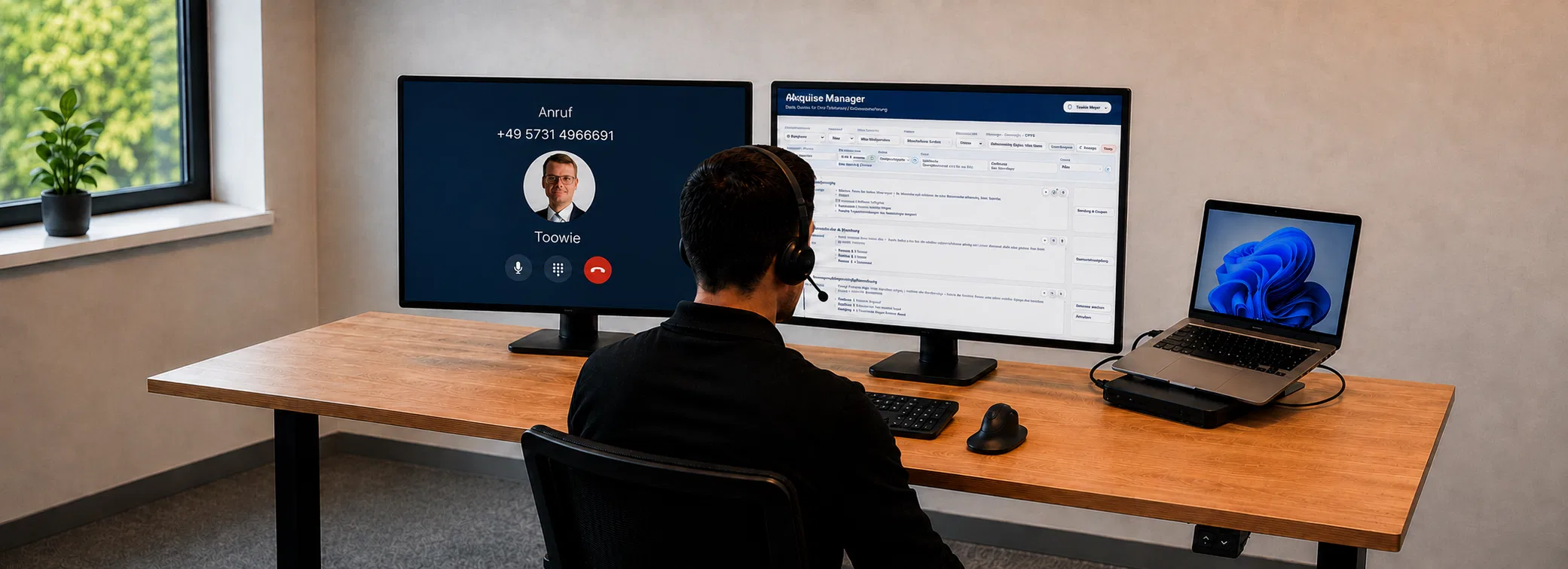 IT-Support am Arbeitsplatz mit Headset, Anrufanzeige und Supportoberfläche.
