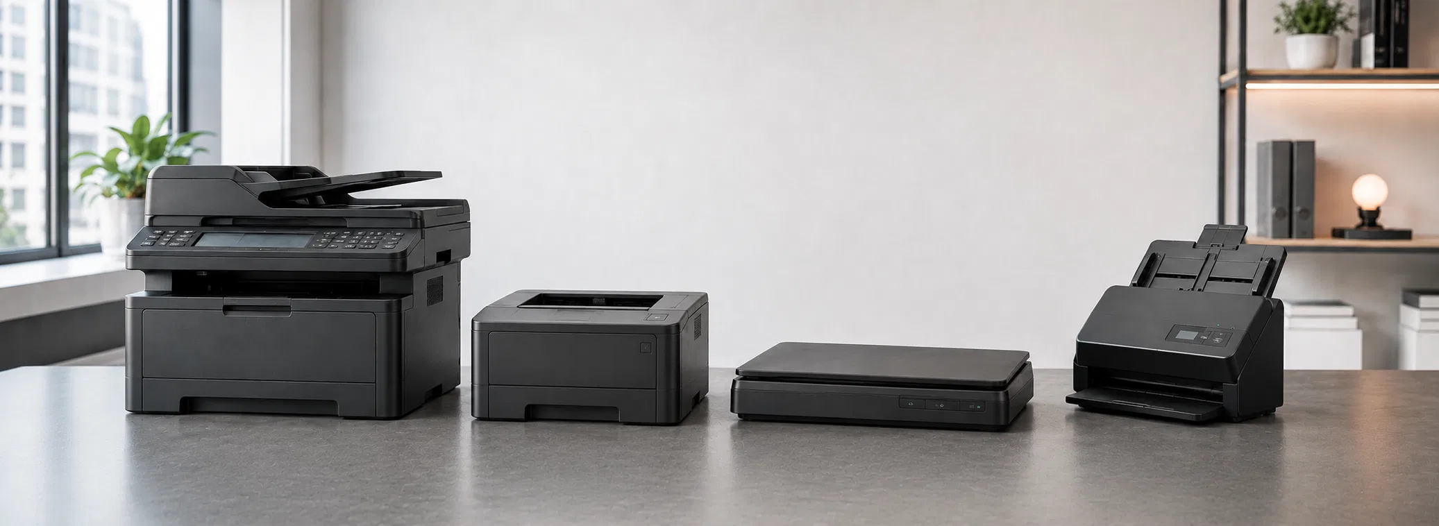 Multifunktionsgerät, Drucker, Flachbettscanner und Tischscanner für unterschiedliche Druck- und Scanaufgaben.
