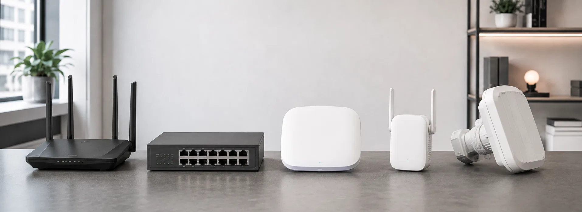 Router, Switch, Access Point, Repeater und Richtfunk für Netzwerk und WLAN.