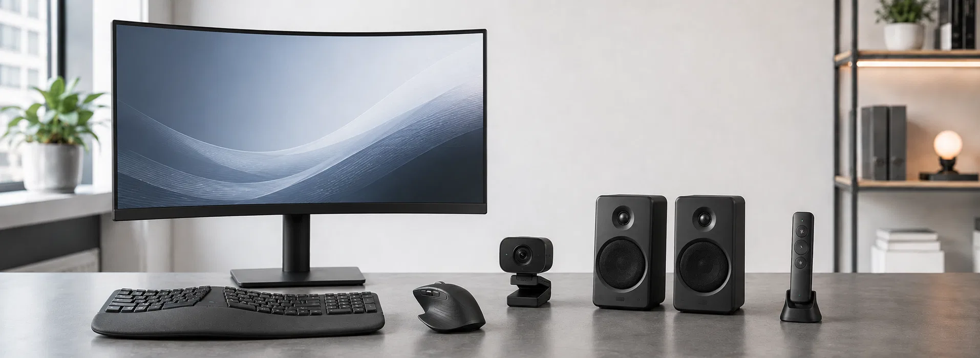 Monitor, Tastatur, Maus, Webcam, Lautsprecher und Presenter als Arbeitsplatz-Peripherie.