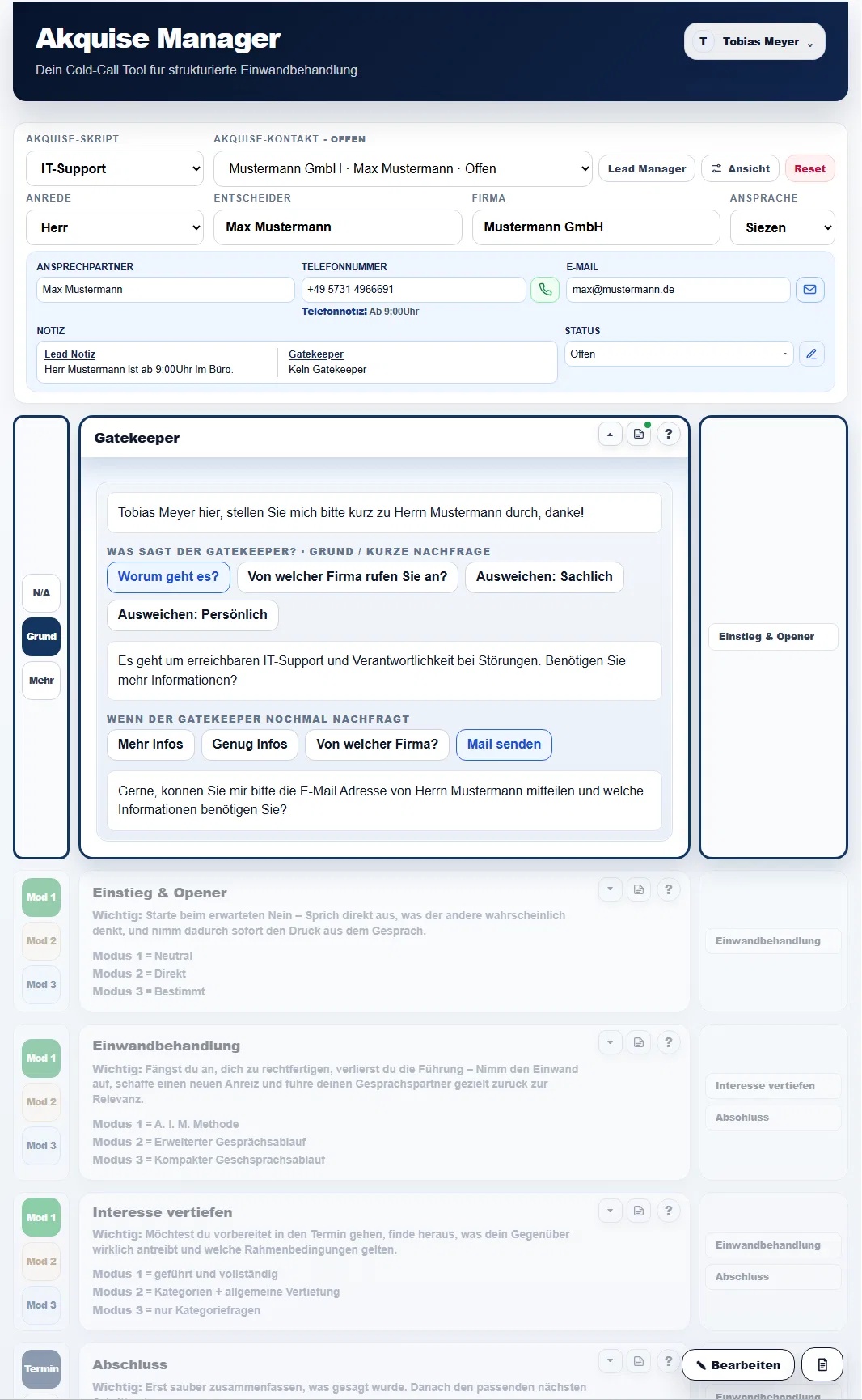 Toowie - Akquise Manager mit geöffnetem Gatekeeper-Bereich und geführtem Gesprächsablauf.