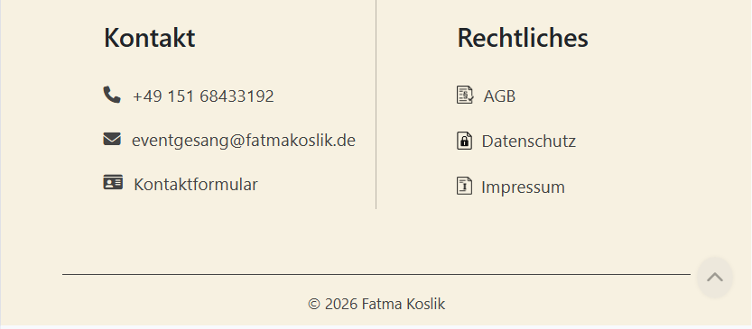 Website-Footer mit Kontaktangaben sowie Links zu AGB, Datenschutz und Impressum.